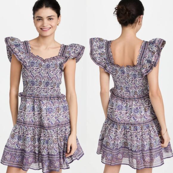 Sea Rosita Border Smocked Mini Dress Ruffled Purple Floral Size Large Preowned - Picture 2 of 12